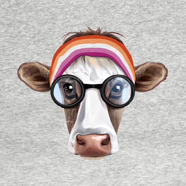 Subtle Lesbian Flag Colors Queer Cow with Headband Bandana Queer Pride and Lesbian Pride by GraviTeeGraphics